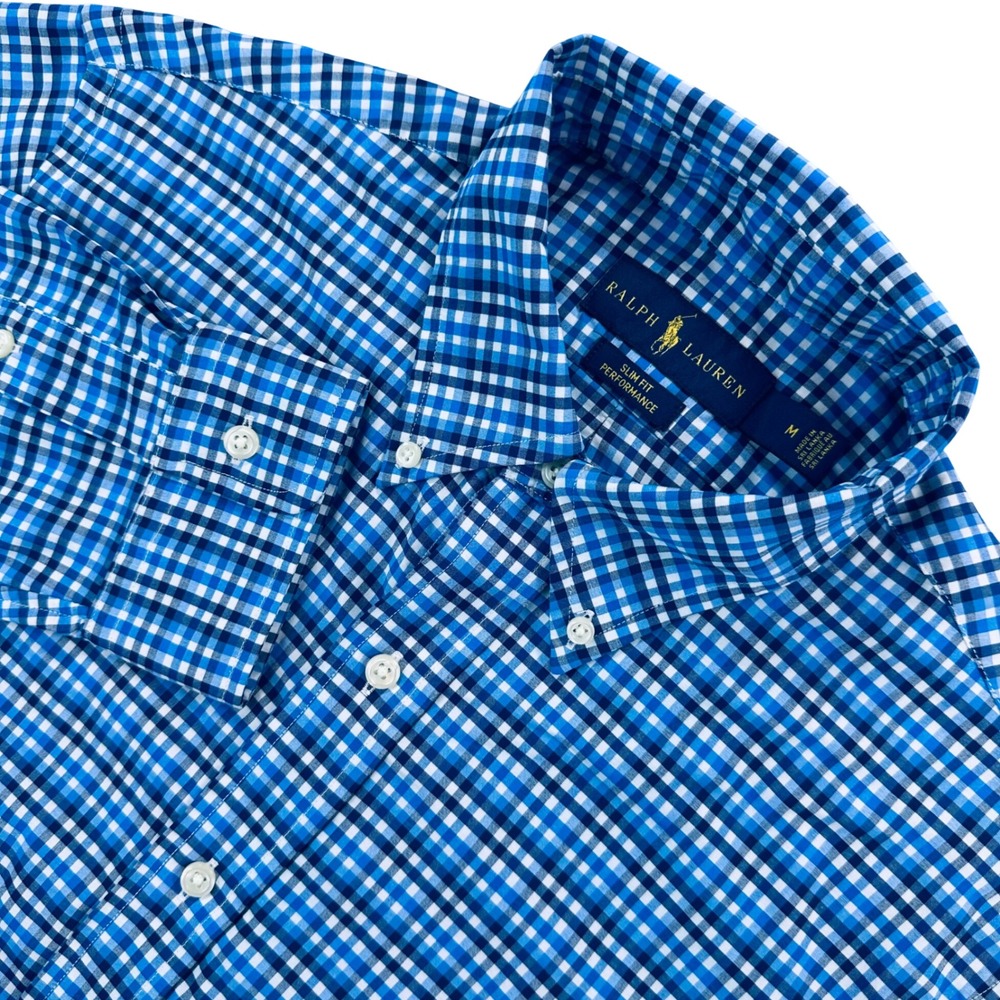 Ralph Lauren Performance Slim Fit Button Down Shirt Men's M Blue White Gingham